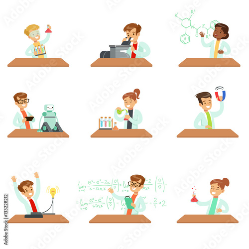 Teens In Lab Coats Doing Science Research Dreaming Of Becoming Professional Scientists In The Future Set Of Cartoon Characters