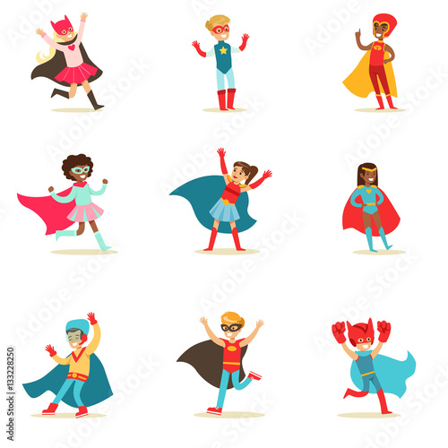 Children Pretending To Have Super Powers Dressed In Superhero Costumes With Capes And Masks Set Of Smiling Characters