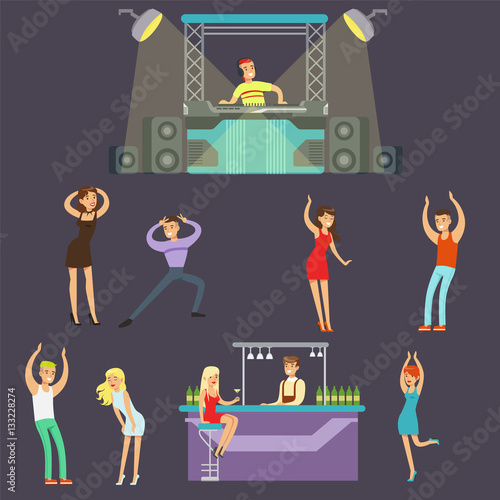 Young Happy People Dancing In Night Club And Drinking In The Bar With DJ Playing Music Cartoon Vector Illustration
