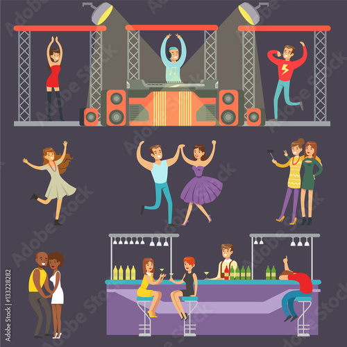 Young Smiling People Dancing In Night Club And Drinking In The Bar With DJ Playing Music Cartoon Vector Illustration