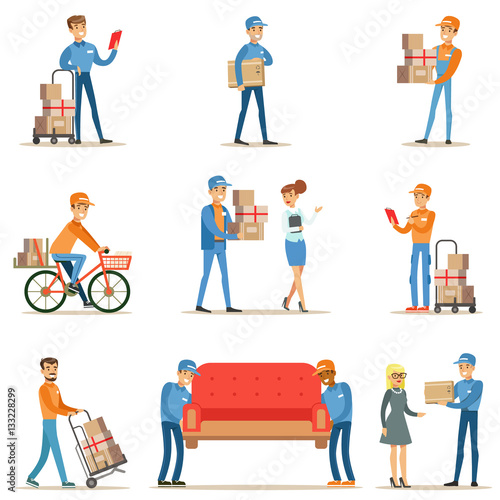 Different Delivery Service Workers And Clients, Smiling Couriers Delivering Packages And Movers Bringing Furniture Set Of Illustrations