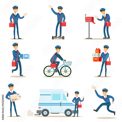 Postman In Blue Uniform With Red Bag Delivering Mail And Other Packages, Fulfilling Mailman Duties With A Smile Set Of Illustrations.