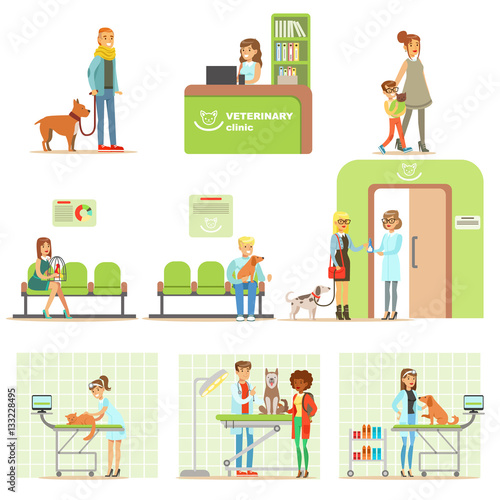 Smiling Cartoon Characters Bringing Their Pets For Vet Examination In Veterinary Clinic Set Of Illustrations