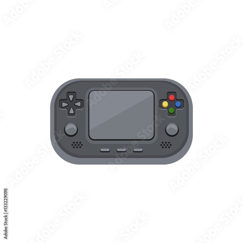 Handheld game console. Electronic game with the screen, buttons, adjustment slider. Cartoon vector icon.