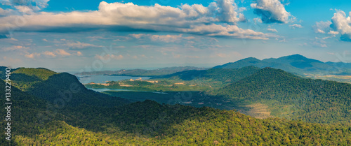 Panoramic view of blue sky, sea and mountain seen from Cable Car viewpoint, Langkawi Island, Malaysia.