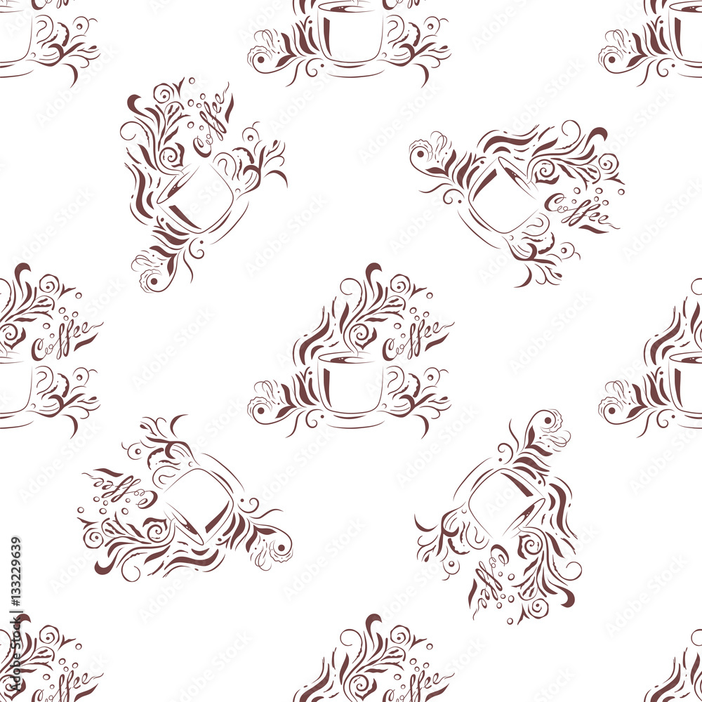 Seamless Pattern Hand Drawn Coffee Cup with Floral Design Elements. Sketch style template for menu, wall art or advertising