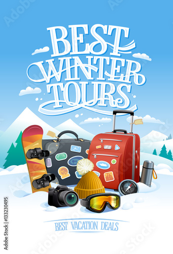 Best winter tours design concept with two big suitcases, snowboard, ski goggles,