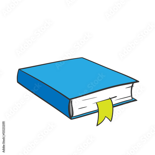 Cartoon blue book with yellow bookmark on white background. Vector graphics.
