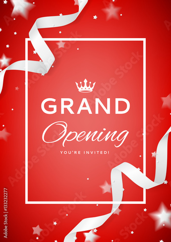 Red invitation to grand opening. Top view on White curved satin ribbons and confetti. Vector illustration.