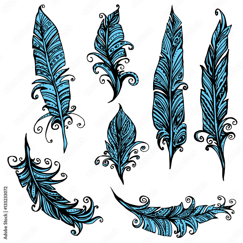 Set of ornamental Feather, tribal design. Ink hand drawn illustr