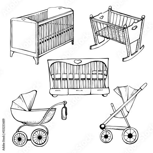 Set children's furniture. Vector illustration. Sketch different for child cots and prams