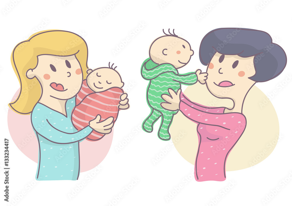 Young woman holding baby, set of two characters. Mother with small child, vector illustration on white background. Young woman holding baby, set of two characters. Mother with small child, vector illustration on white background.