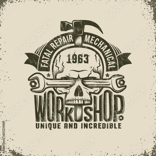 Repair Workshop Logo in Retro Style - Skull with Spanner and a Hammer. Textures and background on separate layers, easily disabled, easy to edit.