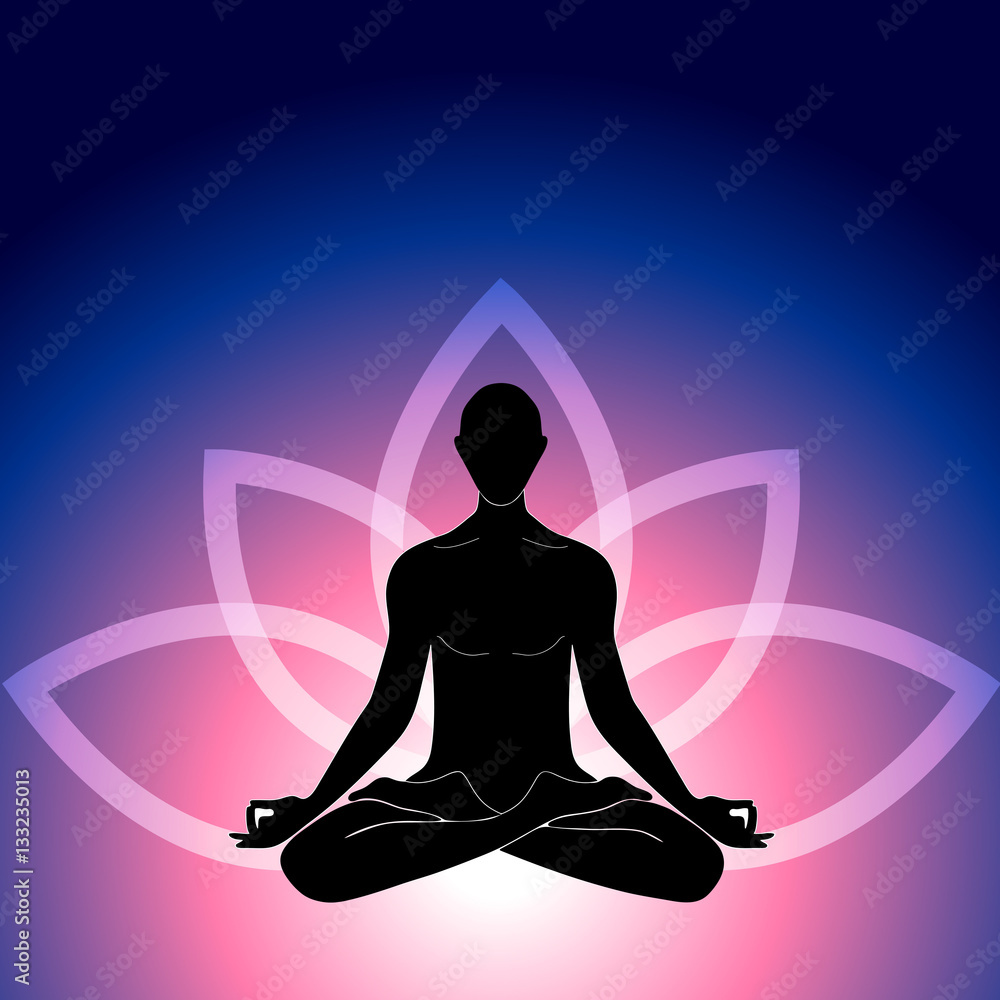 yoga asana black silhouette lotus pose and lotus flower symbol e Stock  Vector