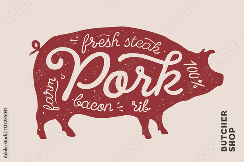 Trendy illustration with red pig silhouette and words Pork, fresh, steak, bacon, farm, rib. Creative graphic design for butcher shop, farmer market. Poster for meat related theme. Vector Illustration