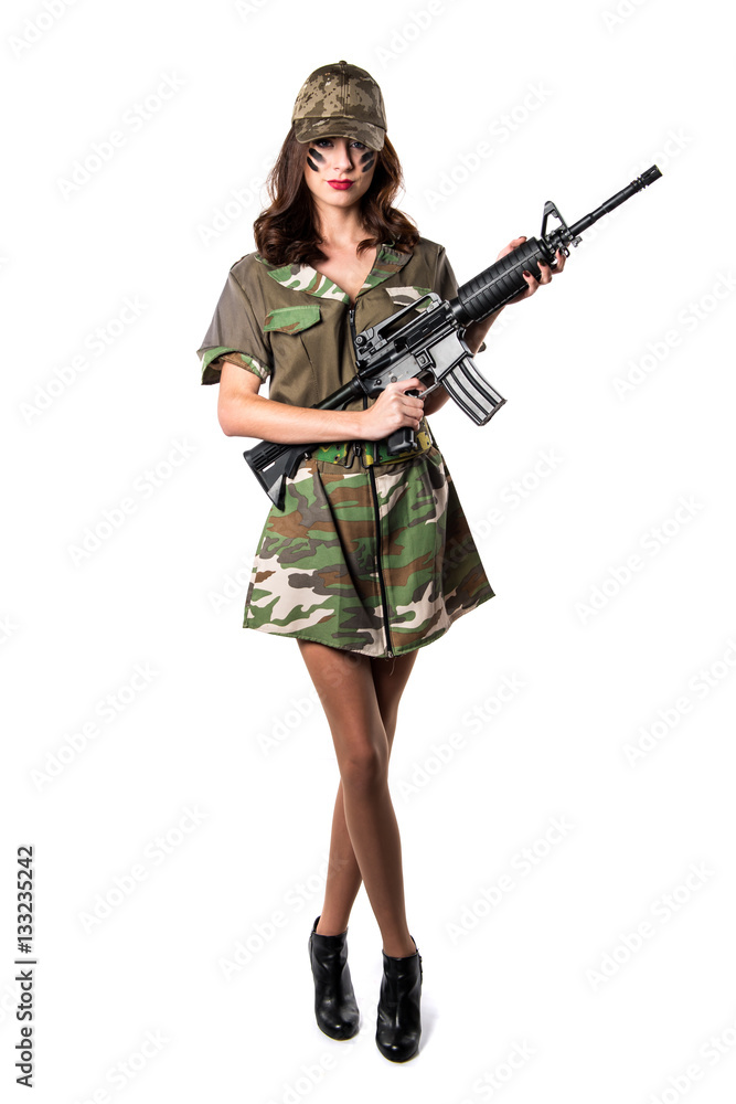 Military woman holding a rifle