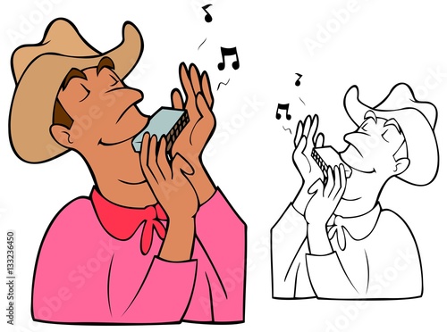 Mean with a neckerchief and cowboy hat playing a mouth organ.