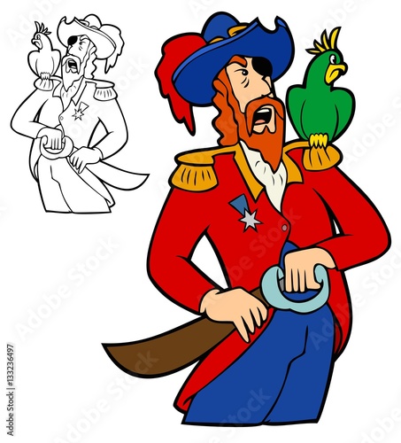 Pirate captain drawing his cutlass, while his parrot sneers.