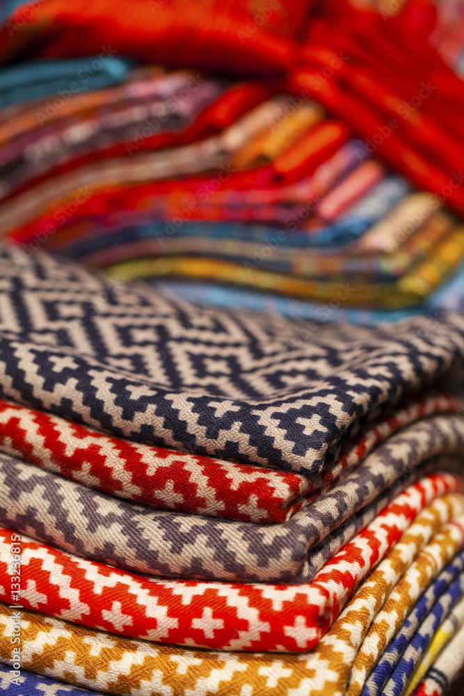 Colorful silk and wool scarfs in a market