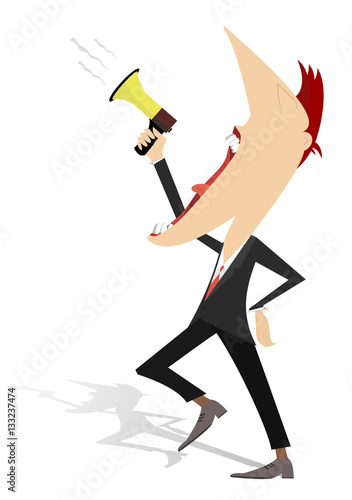 Announcement. Man shouts to megaphone
