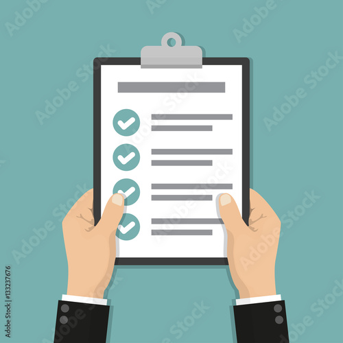 Businessman hands holding clipboard checklist in a flat design