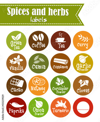Spices, condiments and herbs web icon set illustration / Collection of herbs flat icon set / Spicy herbs silhouettes collection / Retro labels set for food packaging or Jar sticker kitchen design.