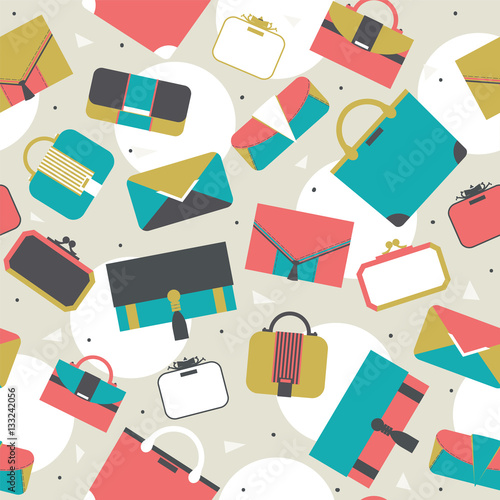 Seamless pattern fashion bags and clutches in various shapes and sizes. Geometric vector illustration with white circles, dots and triangles, women bags. Bright stylish design for fashion purposes.