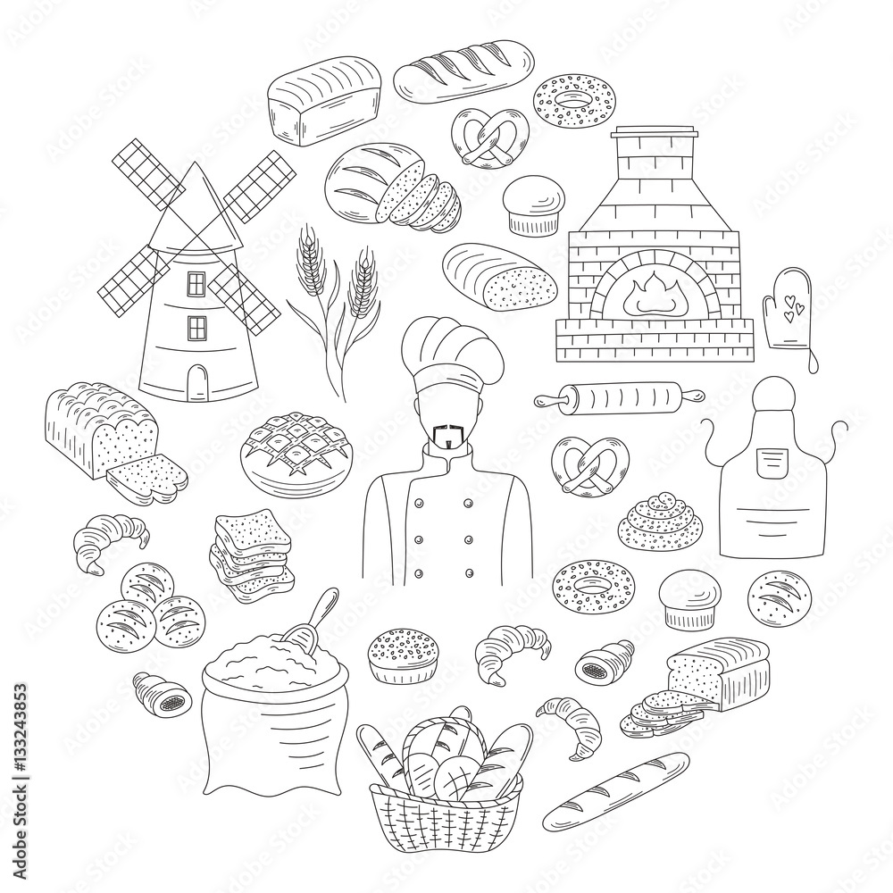 Bakery collection doodle style vector illustration