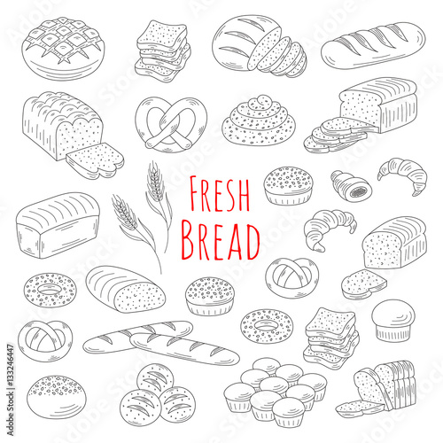 Bakery fresh bread collection doodle style vector illustration.