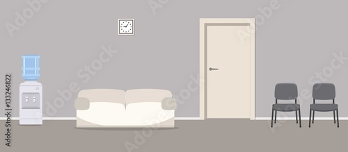 Waiting hall. Corridor. There are gray chairs, a water cooler, a white sofa near the door in the picture. Vector flat illustration.