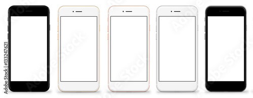 Plakat Zestaw pięciu smartfonów złota, róży, srebra i czerni - pusty ekran i na białym tle, wysokiej rozdzielczości, deitailed
