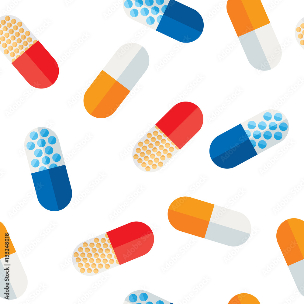 Stylized medication seamless pattern. Medical pills and tablets texture in flat style. Pharmacology continuous wrapping background. Health care vector illustration. Stylized medication seamless pattern. Medical pills and tablets texture in flat style. Pharmacology continuous wrapping background. Health care vector illustration.