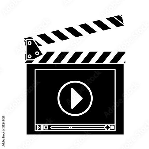 clapboard with play button over white background. entertainment and technology design. vector illustration