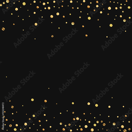 Sparse gold confetti. Scattered border on black background. Vector illustration.