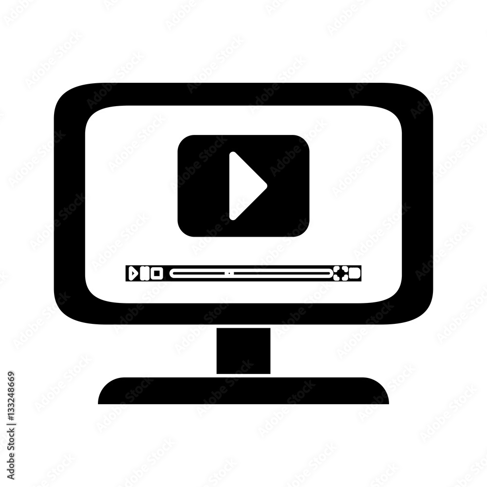 monitor computer with video player button on screen over white background. entertainment and technology design. vector illustration monitor computer with video player button on screen over white background. entertainment and technology design. vector illustration