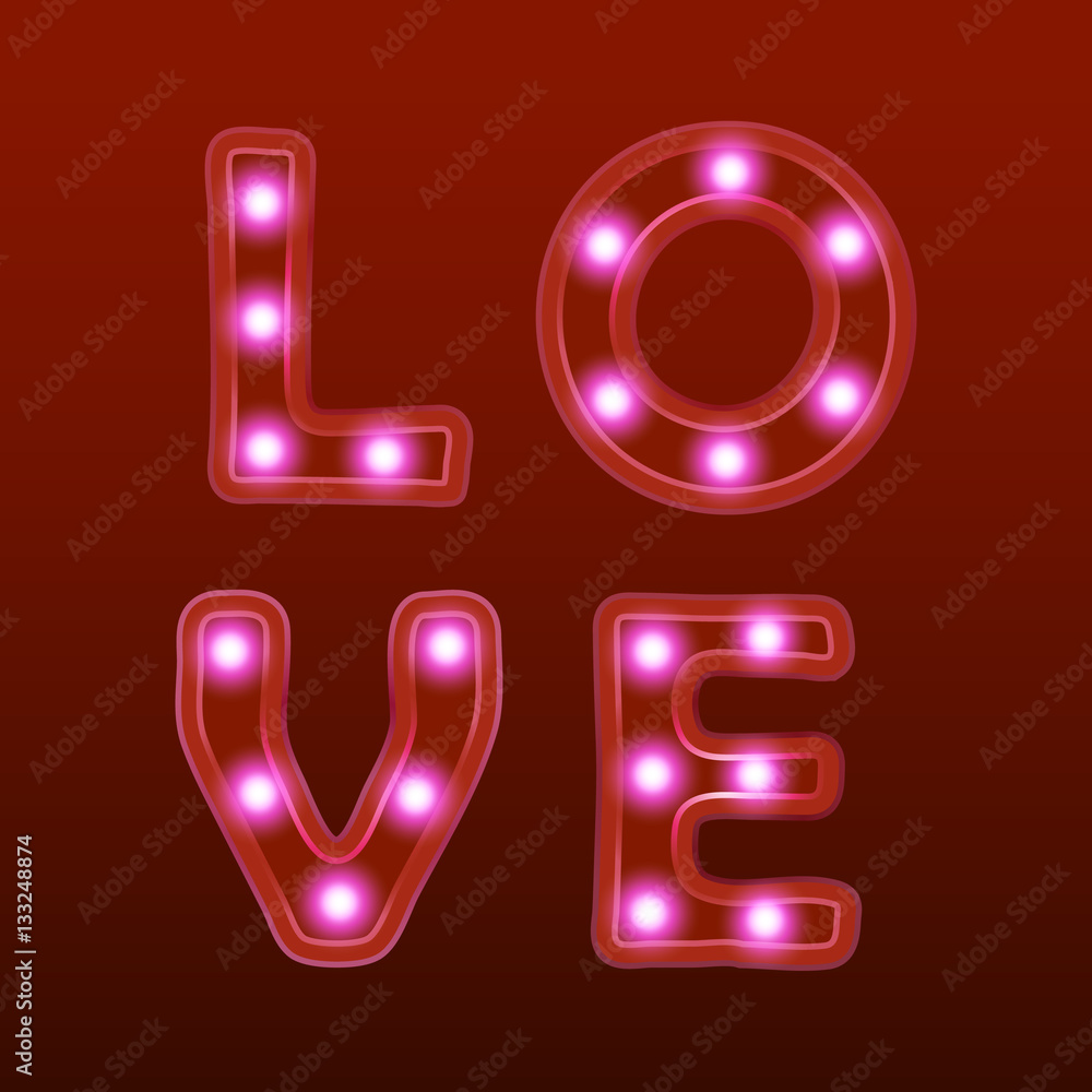 love neon light retro banner. Valentines day card.