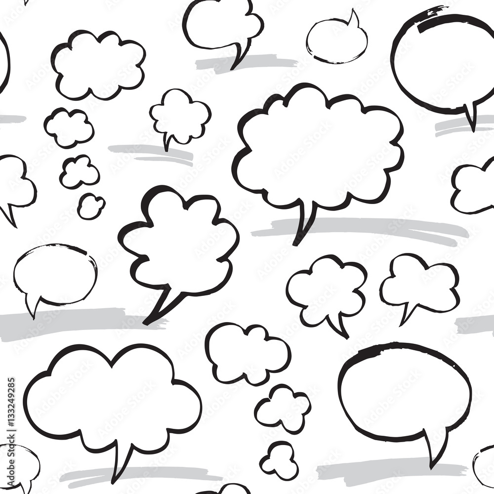 Seamless pattern with speech bubbles and thought clouds. Black and white colors. Hand drawn by felt pen vector repeating background. Seamless pattern with speech bubbles and thought clouds. Black and white colors. Hand drawn by felt pen vector repeating background.