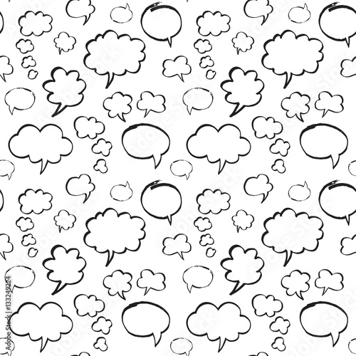 Seamless pattern with speech bubbles and thought clouds. Black and white colors. Hand drawn by felt pen vector repeating background.