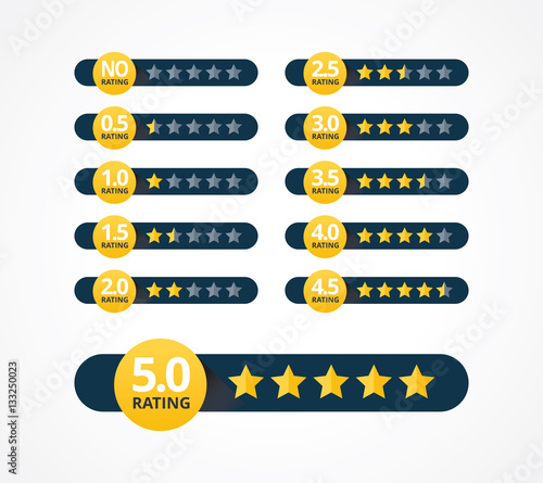 Set of stars rating design elements. Kit of star shapes for ranking interface. Voting symbols from zero to five points. Vector illustration in flat style.