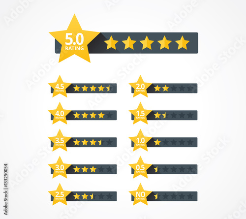 Set of stars rating design elements. Kit of star shapes for ranking interface. Voting symbols from zero to five points. Vector illustration in flat style.