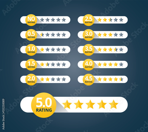 Set of stars rating design elements. Kit of star shapes for ranking interface. Voting symbols from zero to five points. Vector illustration in flat style.