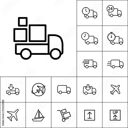 thin line delivery truck icon on white background, transportatio