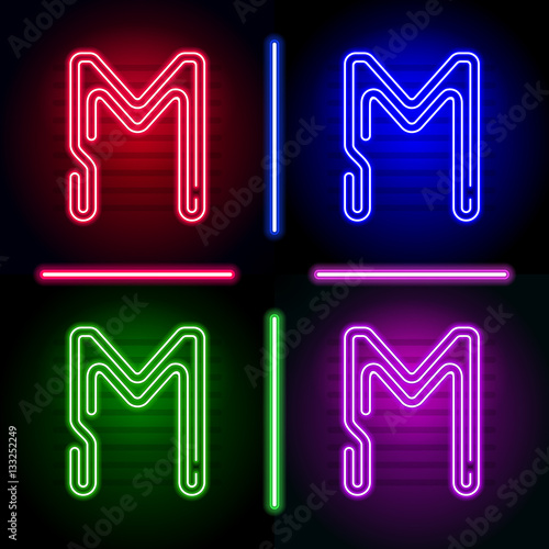 Set of realistic neon letters with different neon color glow