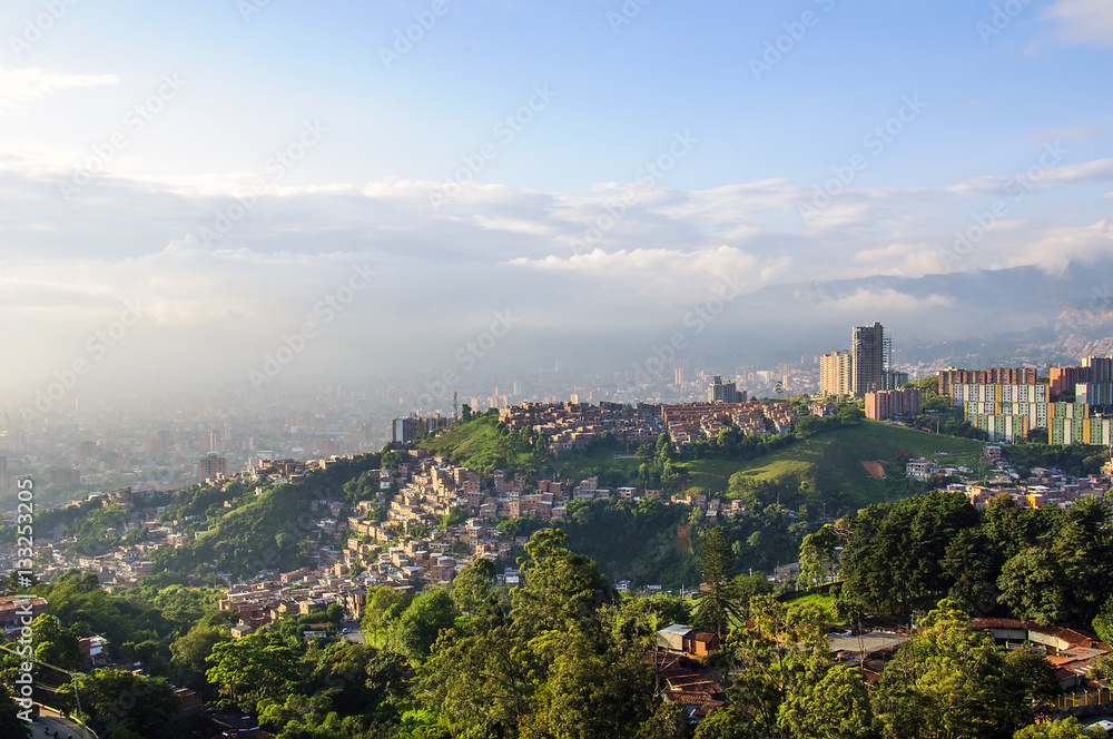 Sun setting over Medellin in Colombia 