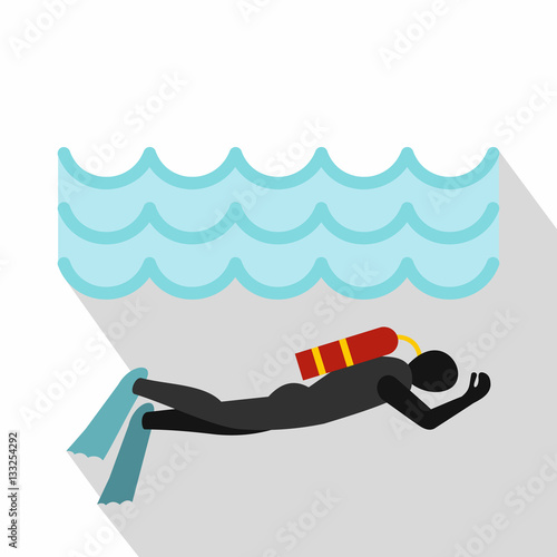 Aqualanger in diving suit icon, flat style