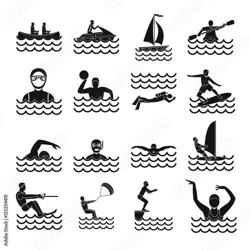 Water sport icons set, simple style