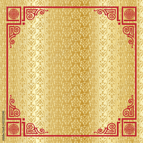 Chinese New Year greeting card gold background. Chinese traditional decorative ornament. Vector illustration. Holiday shiny decoration.