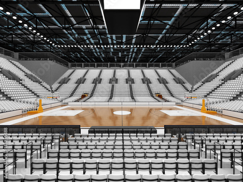 3D render of beautiful sports arena for basketball with floodlights and white seats