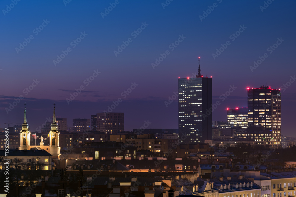 Fototapeta premium Sunset over Warsaw downtown