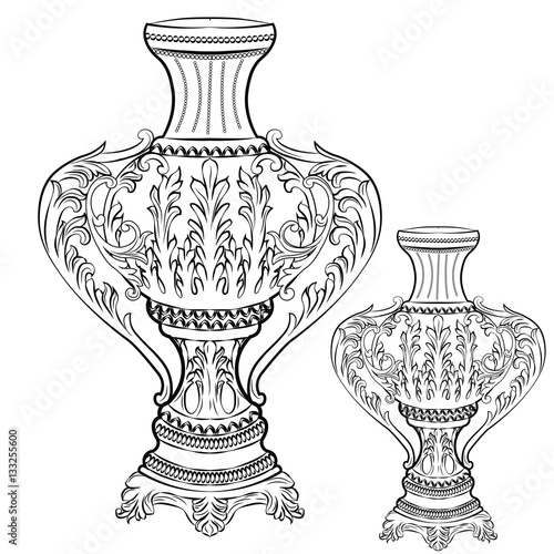 Exquisite Fabulous Imperial Baroque vase decor. Vector French Luxury rich intricate ornamented base. Victorian Royal Style decor